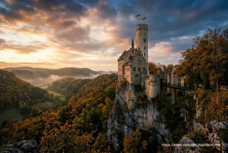 Schloss Lichtenstein über herbstlicher Landschaft in Baden-Württemberg