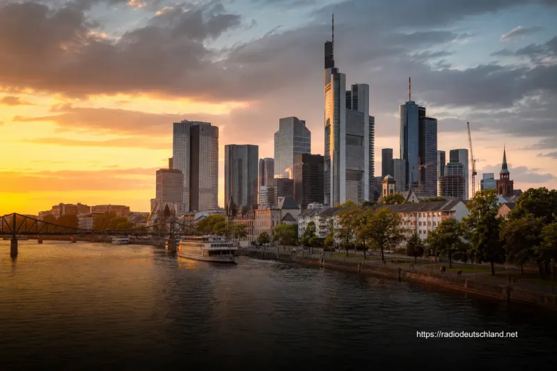Frankfurter Skyline am Main bei Abendlicht