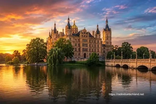 Schweriner Schloss am See in Abendstimmung