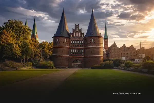 Holstentor in Lübeck mit Grünanlage